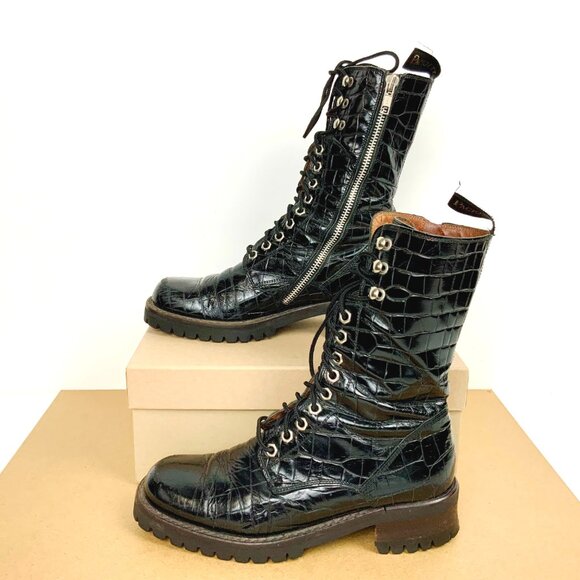 Cesare Paciotti Y2K Black Leather Embossed Croc Lace Up Combat Boots Sz 7 - Picture 7 of 16